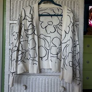 Madewell White and Navy Open-Front Floral Outline Cardigan